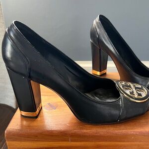 Tory Burch Black Leather Reva Block Heel Pumps
